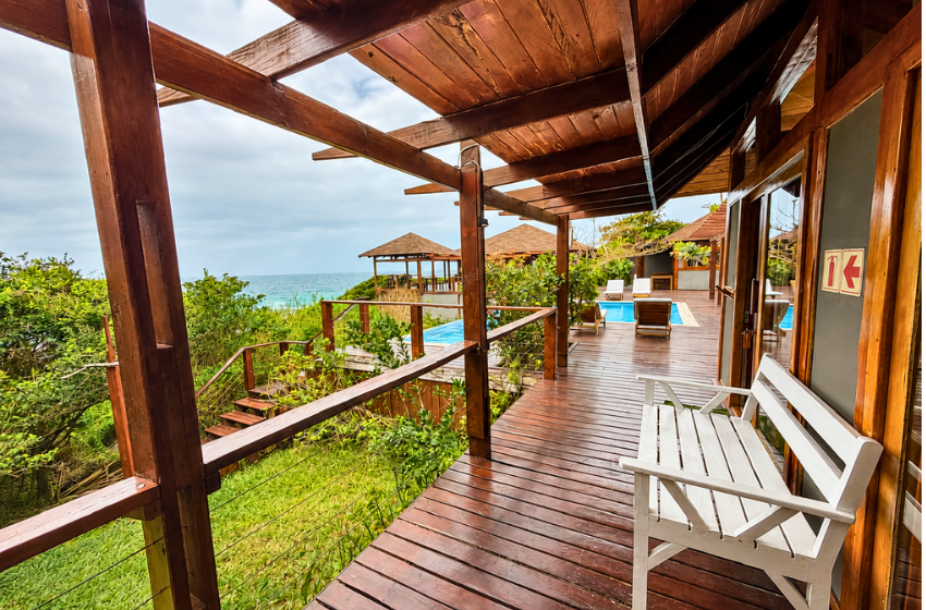 deck with pool view at Aloha 18 in Ponta Mamoli